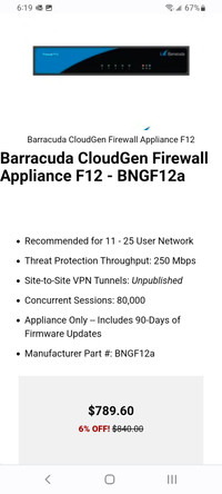 Baraccuda Networks Cloudgen Firewall F12 bundle.  New in box.