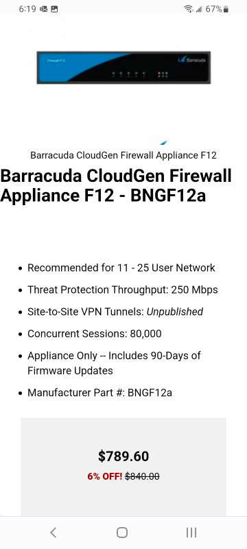 Baraccuda Networks Cloudgen Firewall F12 bundle.  New in box. in Security Systems in City of Halifax