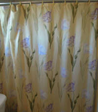 Yellow shower curtain with lavender and purple parrot tulips