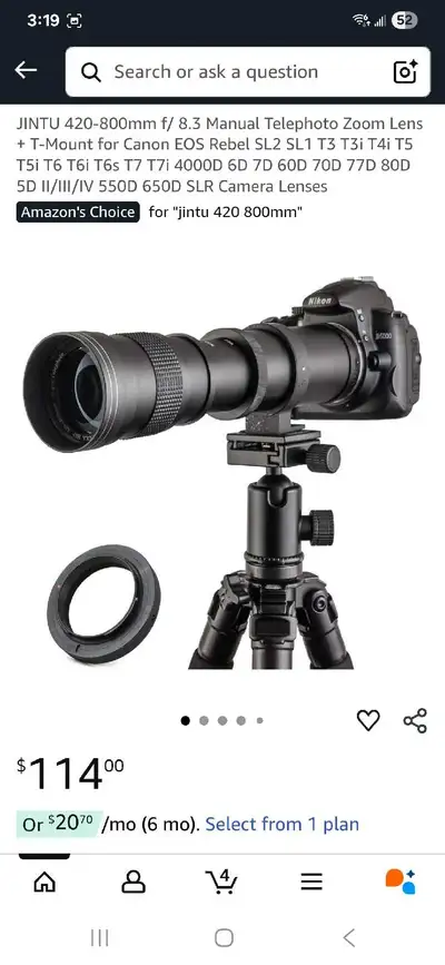 New JINTU 420-800mm f/ 8.3 Manual Telephoto Zoom Lens + T-Mount for Canon EOS Rebel SL2 SL1 T3 T3i T...