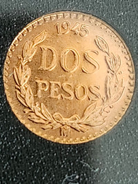 1945 MEXICO 2 PESOS GOLD UNC COIN