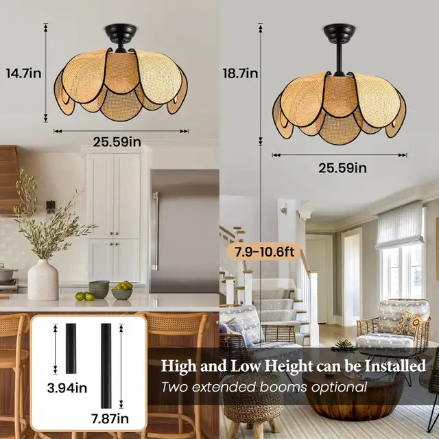 Boho Rattan Fandelier with Light, Flush Mount Ceiling Fan, 6-Spe in Indoor Lighting & Fans in Mississauga / Peel Region - Image 11