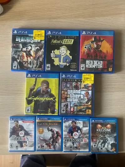 PS4: Dead Rising - (SOLD) Fallout 4 - (SOLD) Red Dead Redemption - $25 Cyber Punk - $25 GTA 5 - $25...