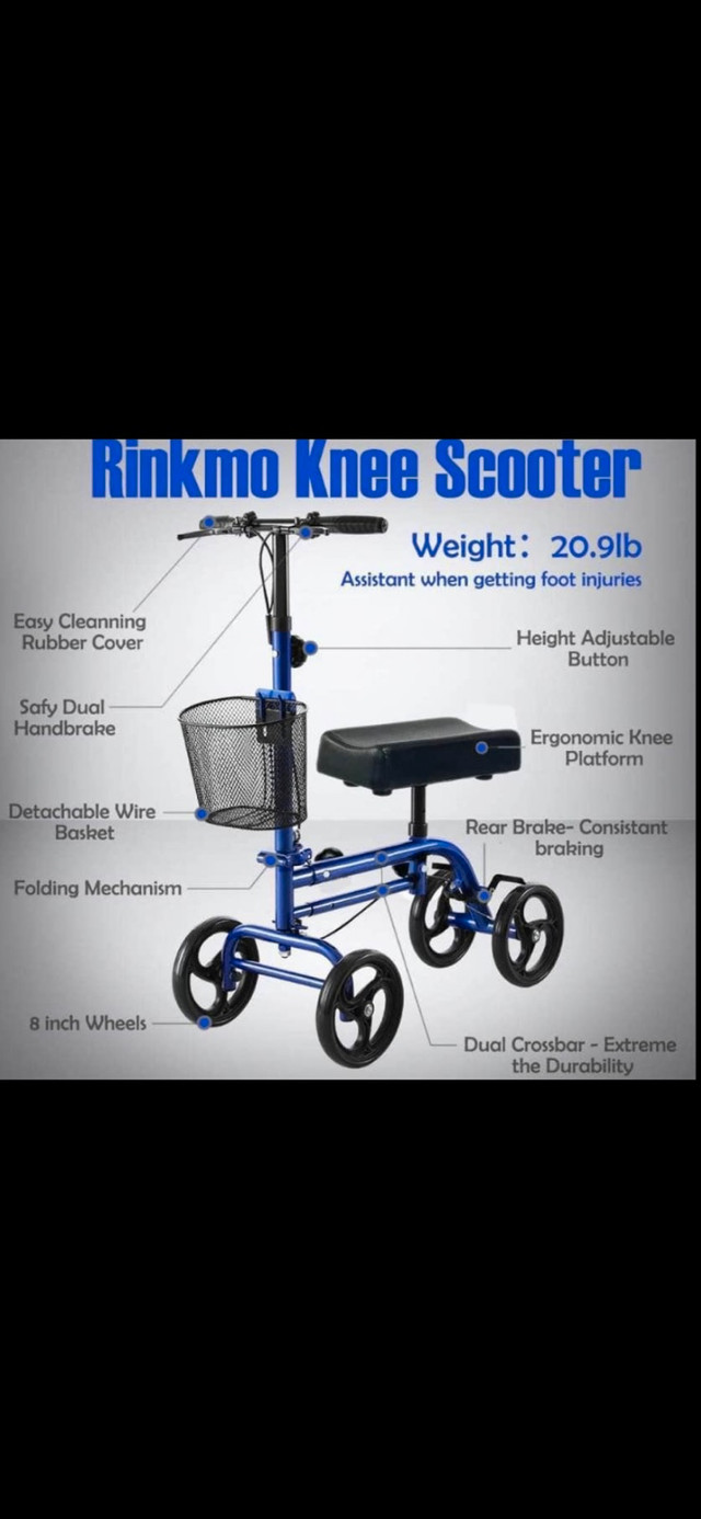 (BRAND NEW) RINKMO KneeScooter. Steerable Knee Walker (BLUE)  in General Electronics in Mississauga / Peel Region - Image 2