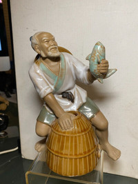 Vintage Chinese Fisherman Figurine Glazed Pottery