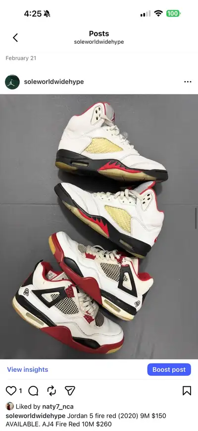Jordan 5 fire red (2020) 9M $150, View more