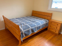 a pin wood queen bed and mattress  for sale