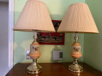 Pair of lamps brass with peach colors vintage