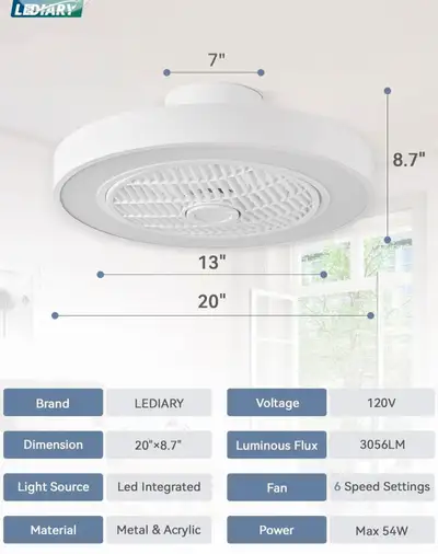 LEDIARY 20 Inch Low Profile Ceiling Fan With Light, View more