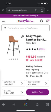 Kody Vegan Leather Bar/Counter Chairs 30”, Set of 2 BRAND NEW
