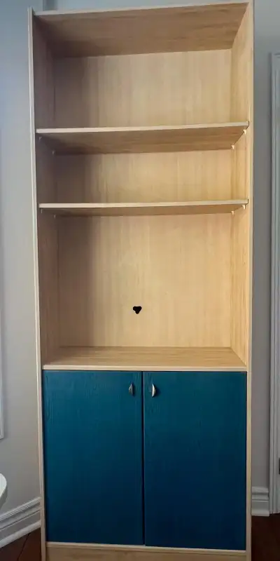 Tall Shelving Unit & 4-Drawer Dresser Set – Light Wood and Blue, View more