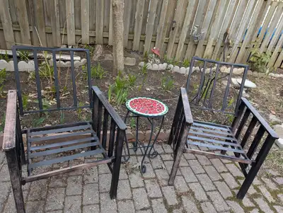 Front Yard Patio Set. Metal Table with Two Nice Metal Chairs., View more