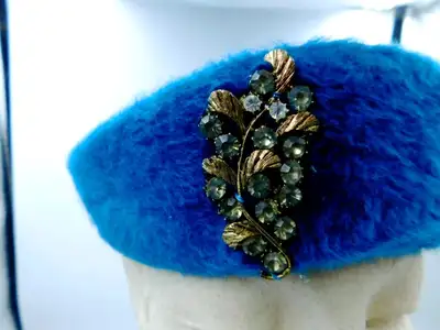 BETMAR 50S - 60 BLUE WOOL FELT PILLBOX HAT, AMBER PIN, View more