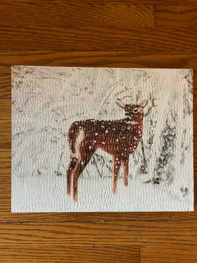 Original acrylic painting on stretched canvas featuring a deer in a winter woodland scene. * Origina...