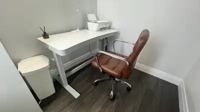  height-adjustable glass-top desk with chair, View more