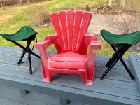 2 tri-pod fold. chairs, 1 child's adirondack plastic chair- set