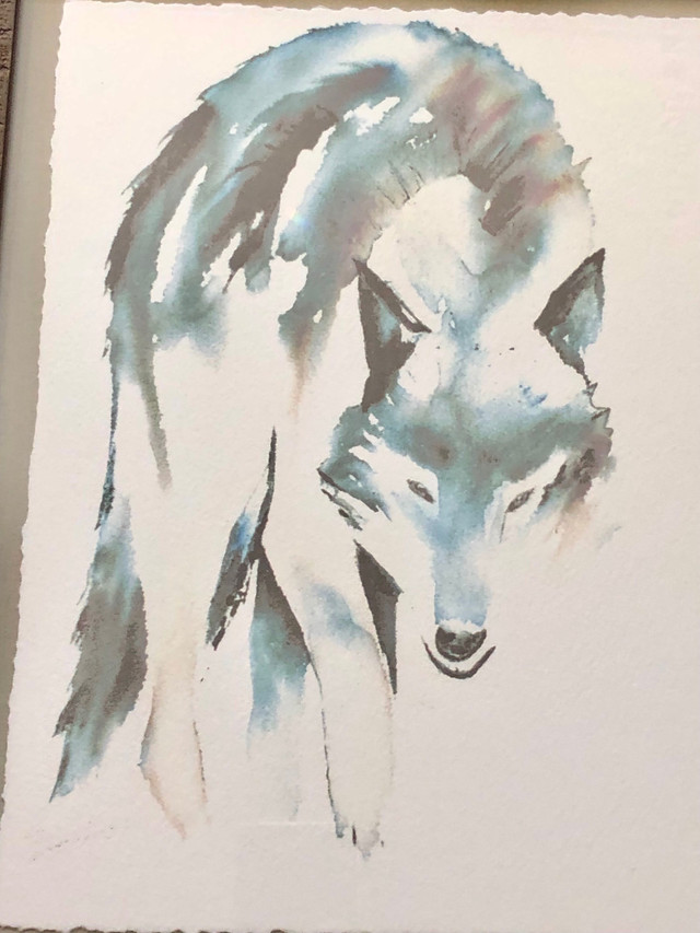 Art Print Framed Wolf Watercolour Vintage Painting Picture in Arts & Collectibles in Calgary - Image 2