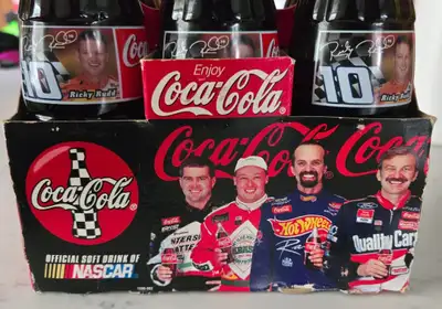 limited edition 1998 Coca-Cola NASCAR 6-pack featuring collectible bottles dedicated to driver Ricky...