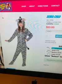 Girls Zebra Costume, Size 7-9 Years