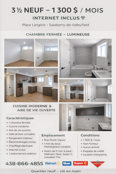 À louer – Superbe 3 ½ neuf | Place Langlois – Salaberry-de-Valleyfield Magnifique 3 ½ neuf situé au...