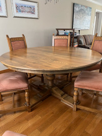 Solid Oak Antique round dining room table and chairs set