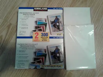 Selling a package of 300 Kirkland 4 x 6 glossy photo paper and 2 extra packages of 50 each. Asking $...
