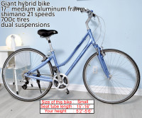 Giant hybrid bike bicycle, 15" small aluminum frame, 27" tires