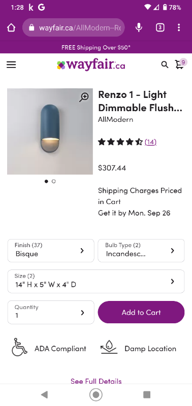 Renzo.1 light dimmable flush mount sconce , View more