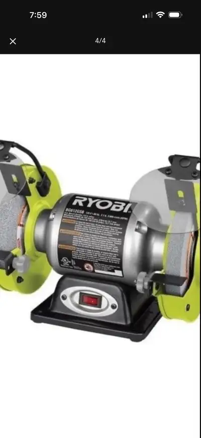 RYOBI 6" DUAL BENCH GRINDER Top highlights RYOBI Alloy Steel Angled Corded Electric Item weight Grey...
