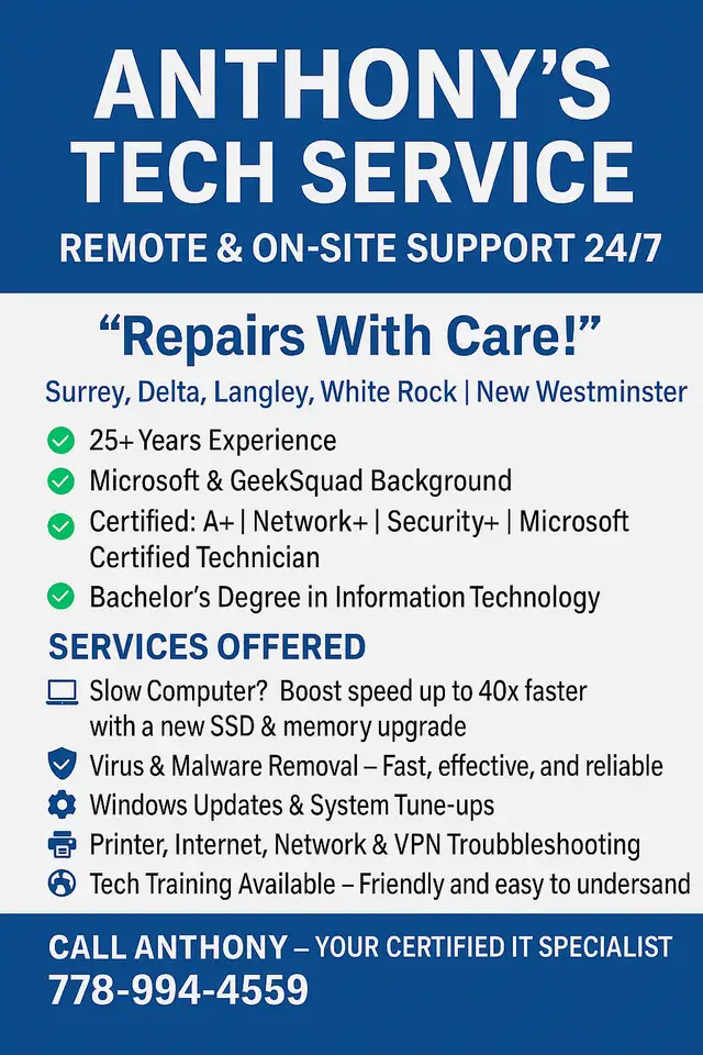 ANTHONY'S TECH SERVICE COMPUTER REPAIR REMOTE MOBILE 24/7 SERVIC in Desktop Computers in Delta/Surrey/Langley - Image 3