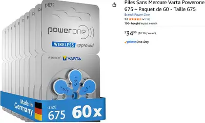 POWER ONE 675 HEARING AID BATTERIES, View more