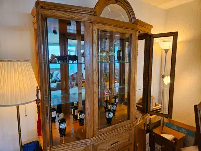 Vintage 2pc Solid Oak China Cabinet & Hutch with Glass Doors, View more