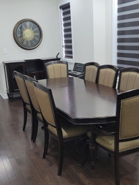 Solid wood 8 chair dinning table, 1 server, 1 big wall clock