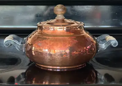 Vintage Stockli Netstal Swiss Made Hammered Copper Pot Double Wood Handle with Lid, marked at bottom...