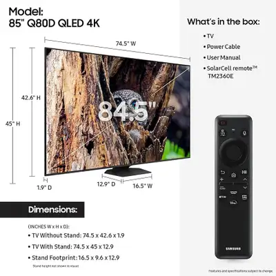 SAMSUNG-Q LED TV 85"-smart-4k-qu85q80d-WARRANTY-$1399-no tax, View more