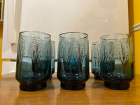 Rare 6 Vintage Smokey Blue Juice Glasses with Raised Trees