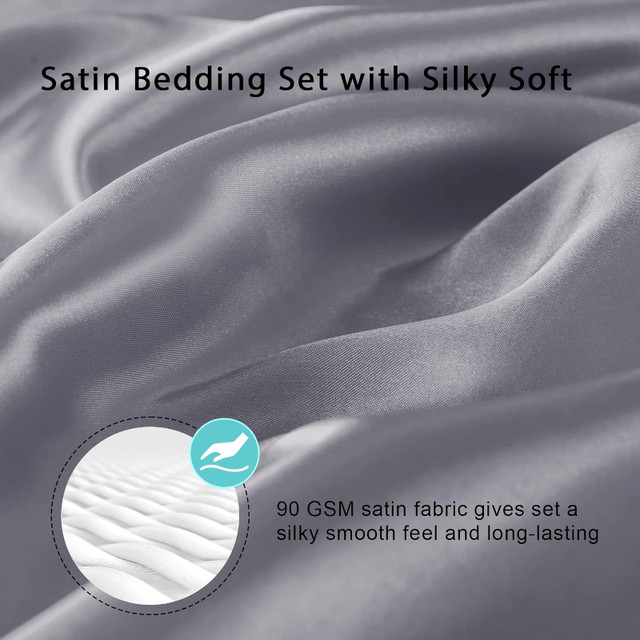 4 PC Silver Grey Satin Sheet Set • 17" Deep Pocket • Queen Size in Bedding in Barrie - Image 4