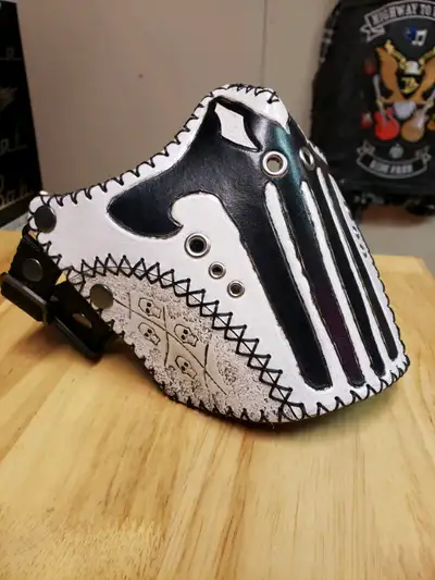 "Punisher Inversion" leather riding mask... antiqued black on white w/side skulls... suede lining, p...