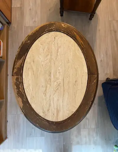 Vintage Oval Wood and Travertine Inlay Side Table, View more