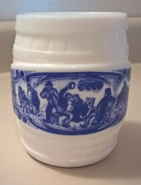 White Milk Glass Barrel Beer Mug with Blue Transfer Decoration