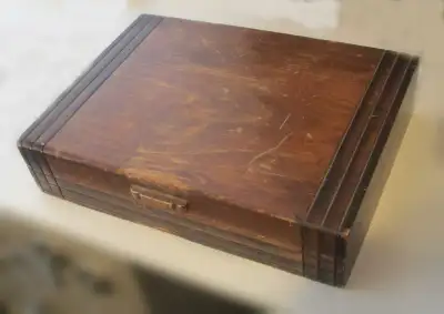 Vintage Utensils in a Wooden Case with inside Red Felt Lining, View more