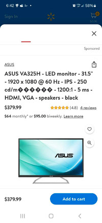 Asus va325h 32" 1080p 5ms computer monitor.  Great for gaming. 
