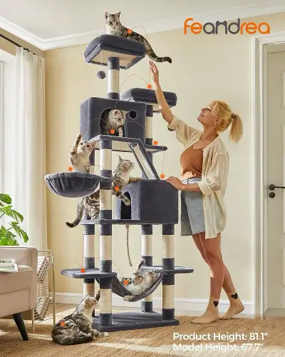 Cat Tree, 81.1-Inch Large Cat Tower with 13 Scratching Posts, 2 Perches, 2 Caves, Basket, Hammock, P...