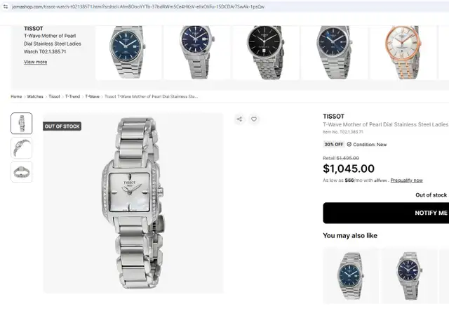 Tissot Watch Ladies T-Wave Mother of Pearl Dial Diamond Watch in Jewellery & Watches in London - Image 3