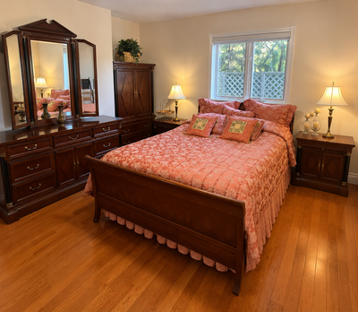 Bring timeless elegance to your bedroom with this beautiful matching bedroom suite featuring rich ch...