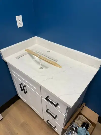 Elegant White Quartz Vanity Countertop | Integrated Sink Custom, View more