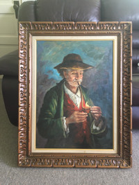 Vintage Signed painting of old man smoking pipe. 36" x 28" 