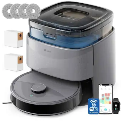 New Lefant robot vacuum and mop system in gray. This unit includes a self-emptying base station with...