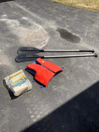 Canoe oars with youth safety vest and foam for car roof.