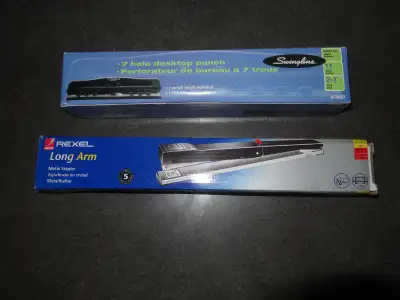 For sale is a new in the box Rexel Long Arm Metal Stapler and a Swingline 7 Hole Desktop Punch Punch...